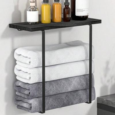 Yousheng Wall Mounted Towel Holder with Wood Shelf Strong Load-bearing Easy To Install Multi-functional Bathroom Towel Rack Storage Holder