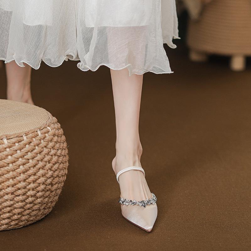 Baotou sandals high heels pointed thin heels rhinestones 2025 summer and autumn new women's shoes high-end single shoes