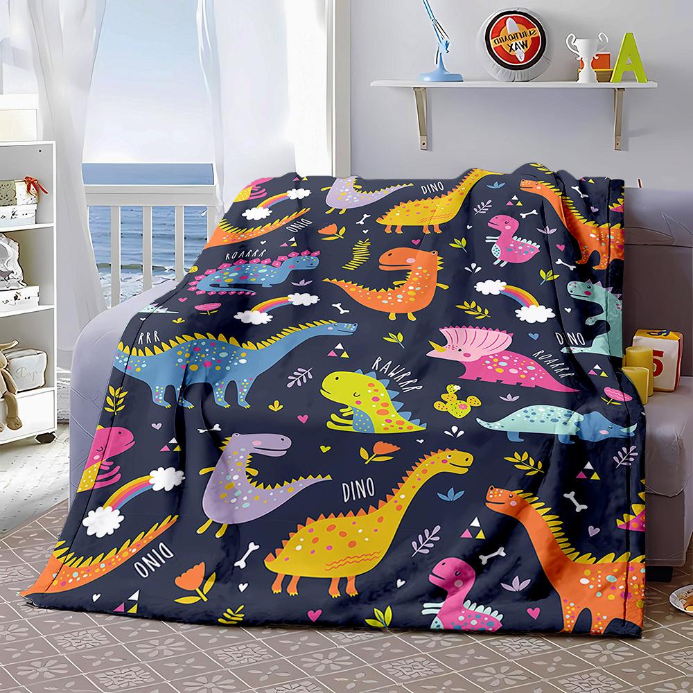 Cartoon Dinosaur Print Blanket Reversible Flannel Throw for Kids Room AllSeason Comfort Prehistoric Adventure Gift