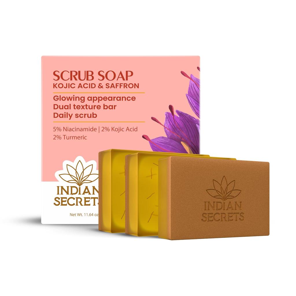 INDIAN SECRETS Kojic Acid & Saffron Detan Scrub Soap | Skin Brightening & Tan Removal Bathing Soap for Men & Women | Kojic Soap - Dark Spots, Pigm