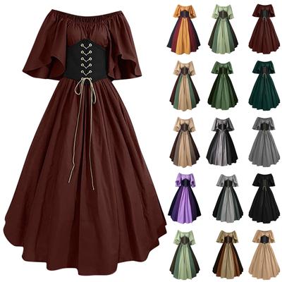 Women's Fashion Retro Collision Slim Flying Sleeve Big Hem Dress One Shoulder Dresses