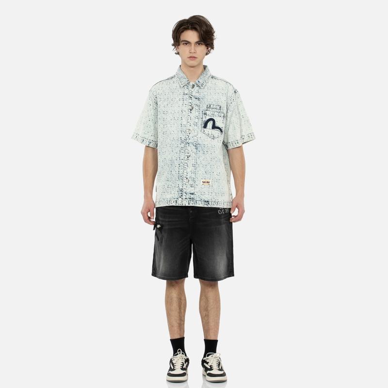 Evisu SS24 Water Wash Floral Jacquard And Seagull Embroidery Loose Denim Short Sleeve Shirt Men shirts Denim-Blue 2ESHTM4DI8015BZDN