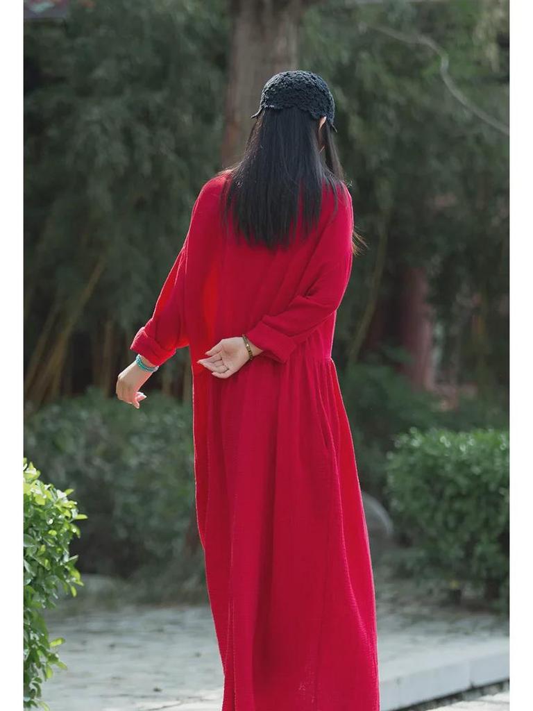 V-Neck Linen Double-Layer Swing Dress - Spring/Summer Retro Style