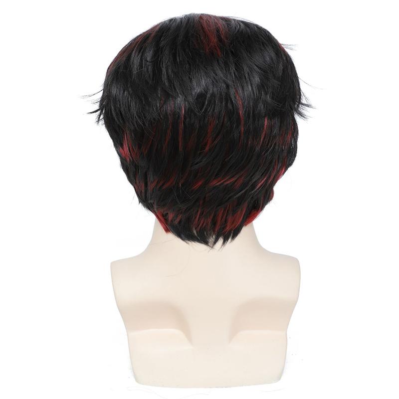 Kurze, lockige Kunsthaarperücke für Herren, geeignet für Cosplay, Kostüme und Halloween, natürliches Kastanienbraun, mit Pony, hitzebeständig