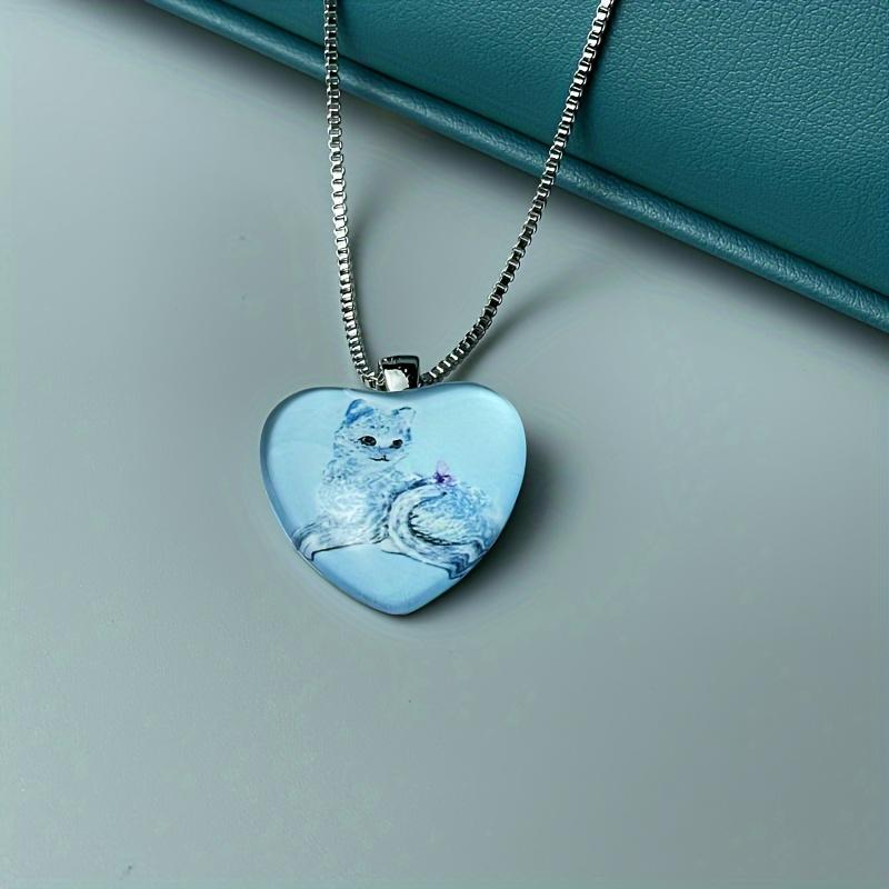 Cute Cat Pattern Heart-shaped Pendant Necklace, Cute Animal Jewelry, Birthday Party Graduation Gift Christmas Halloween Gift For Girls