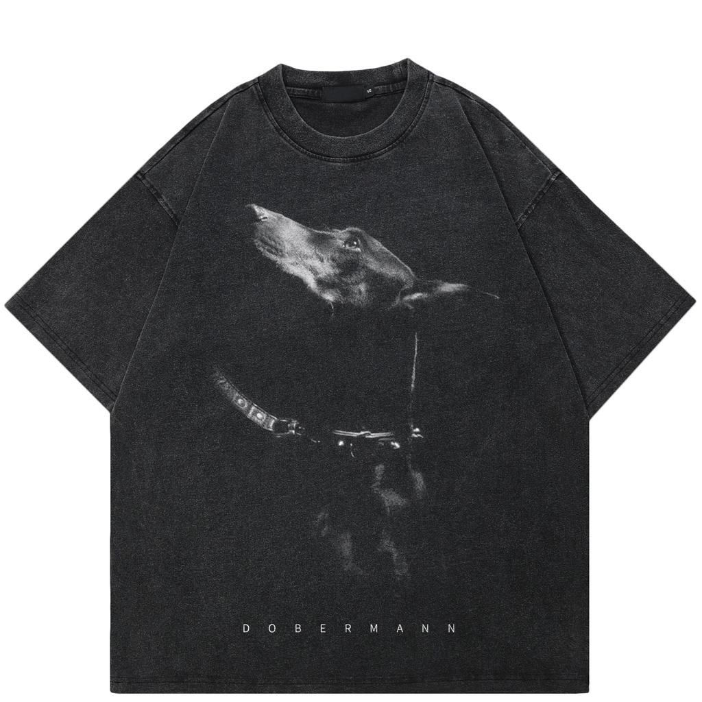 Streetwear Dobermann Grafik Unisex T-Shirt Baumwolle gewaschen schwarz T-Shirt Unisex Tops Tees Sommer kurze Ärmel T-Shirt