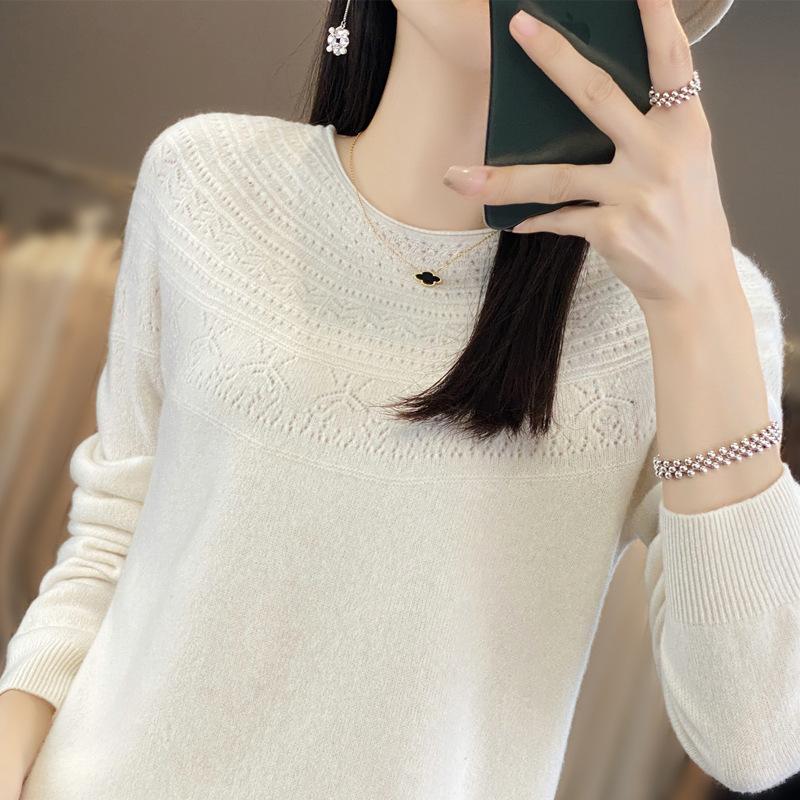 

Осенний новый стиль женский трикотажный пуловер с круглым вырезом и ажурной вязкой, бесшовный базовый слой для женщин, чтобы выглядеть стройнее XXL белый