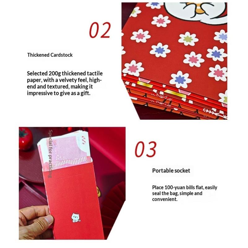 6Pcs Cute Antiquity Lucky Cat Red Envelope Thickened Rectangular Red Packet Colorful Lucky Money Bag Kids