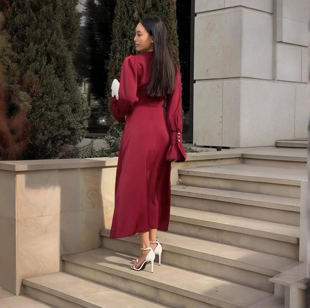 2025 Summer European & American Square Neck Sexy Deep V Slimming Long Sleeve Evening Dress