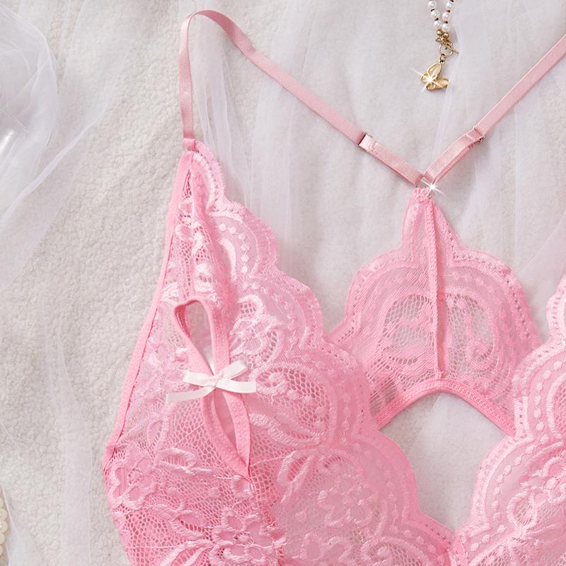 New Deep V Pink Transparent Lace One Piece Women Corset Sexy Bra Lingerie Exotic Bodysuit Pajamas Open Bow Snug Fitting Clothing