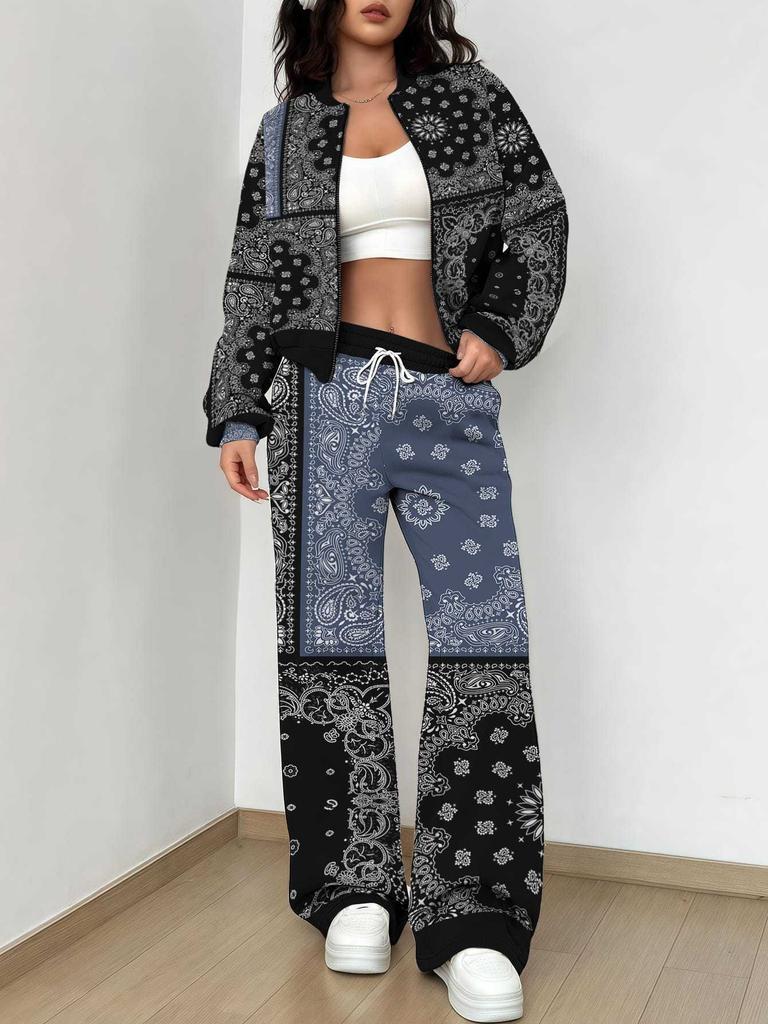 Splicing Autumn And Winter New European And American Women'S Clothing Retro Pattern Printing Suit Women