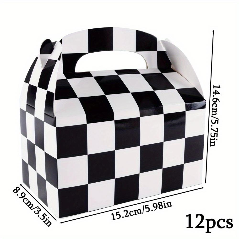 

12 шт. Клетчатые подарочные коробки с ручкой Черно-белые клетчатые гоночные коробки для угощений Складные картонные коробки Тематика гоночного автомобиля Сувениры для вечеринки Коробки 12pcs