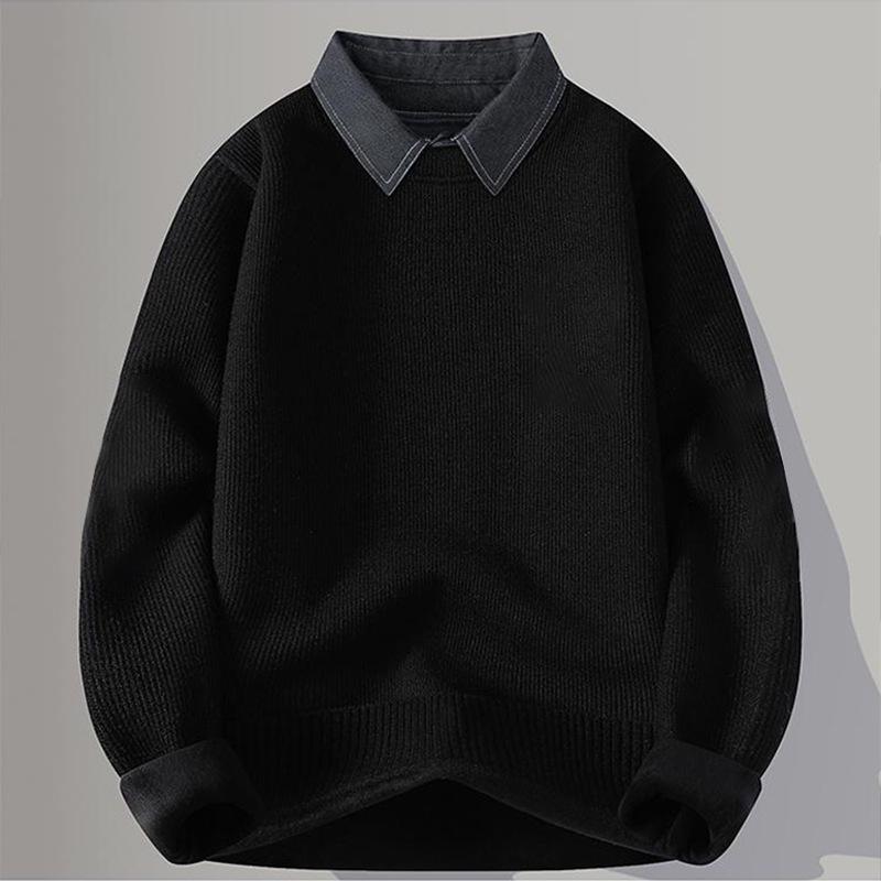 Men s Faux Layered Knit Sweater with Shirt Collar - Warm Velvet-Lined Winter Top M