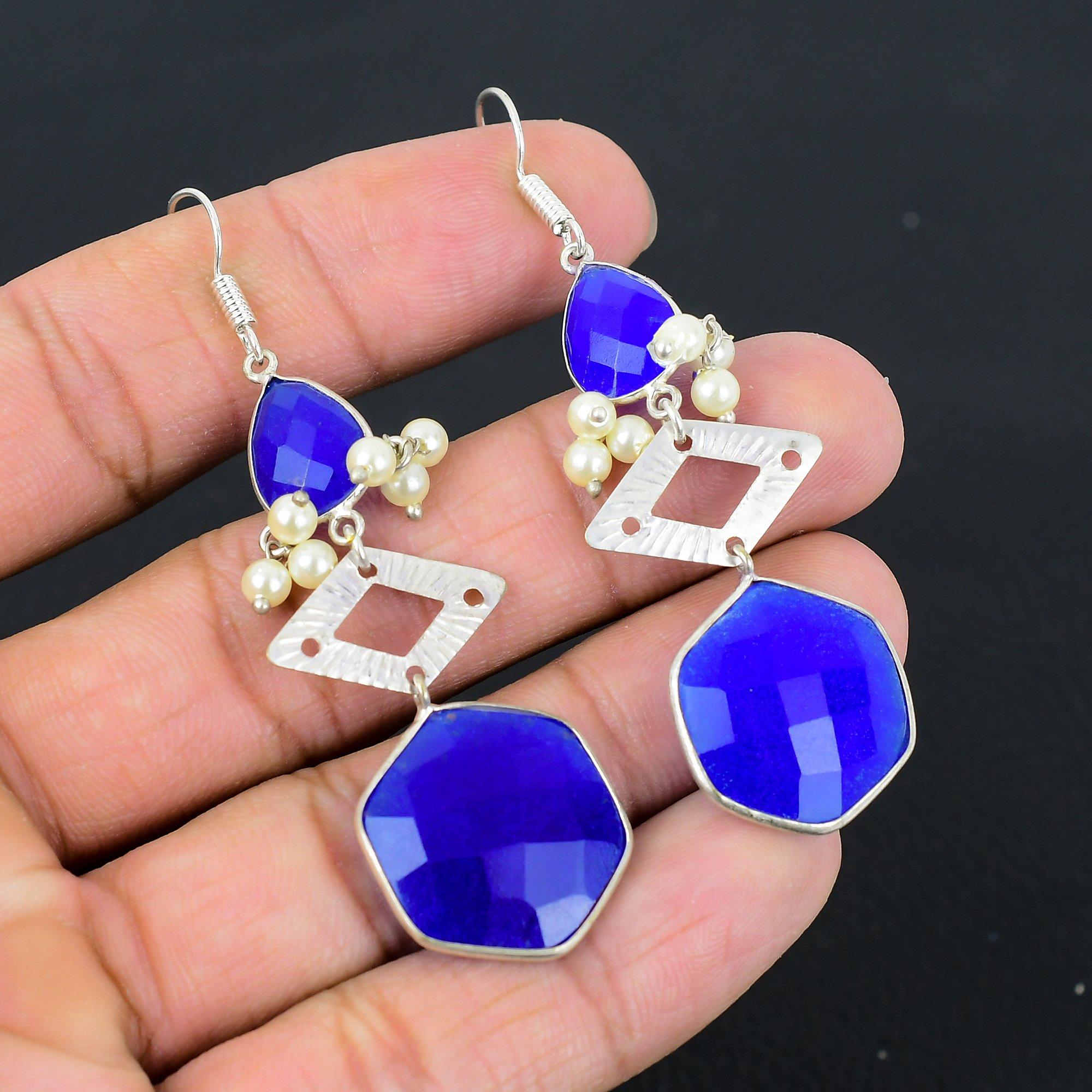 

Daughters Day Deal Blue Sapphire Stone Trendy Drop Earrings 925 Sterling Silver