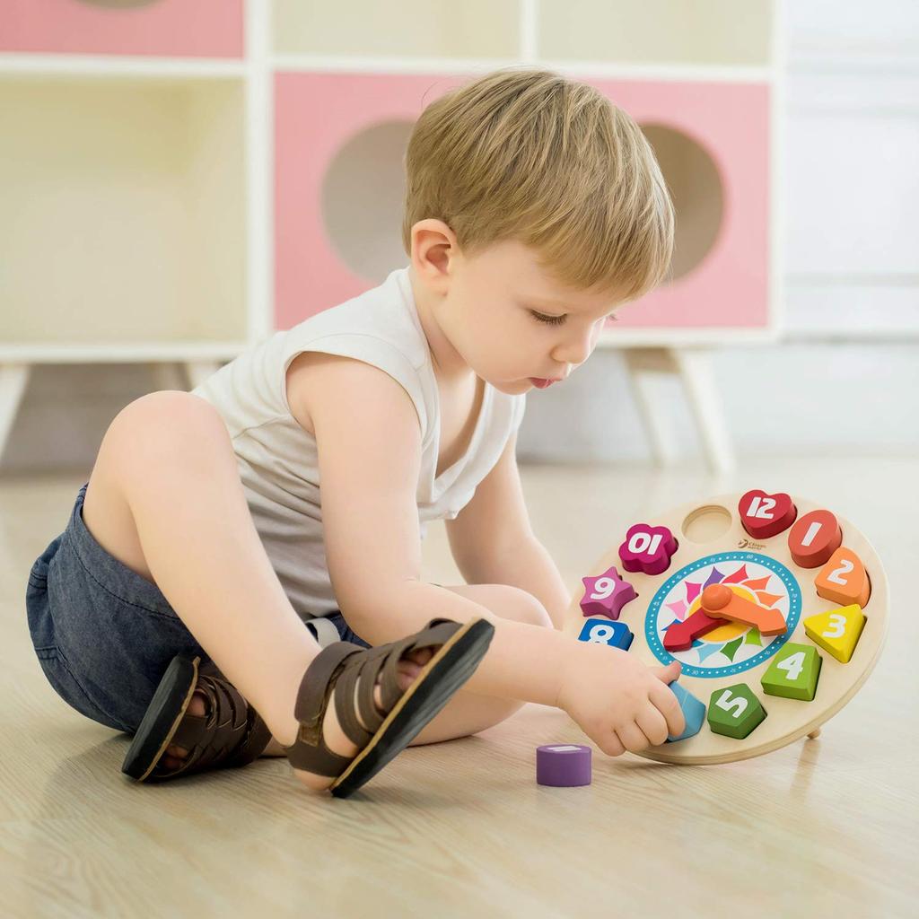 Classic World Classic World Tick Tock Clock Educational Clock Clock Toy Time Numbers Shaped Puzzle Wooden Educational Toys for 3 Years Old (CL3655)