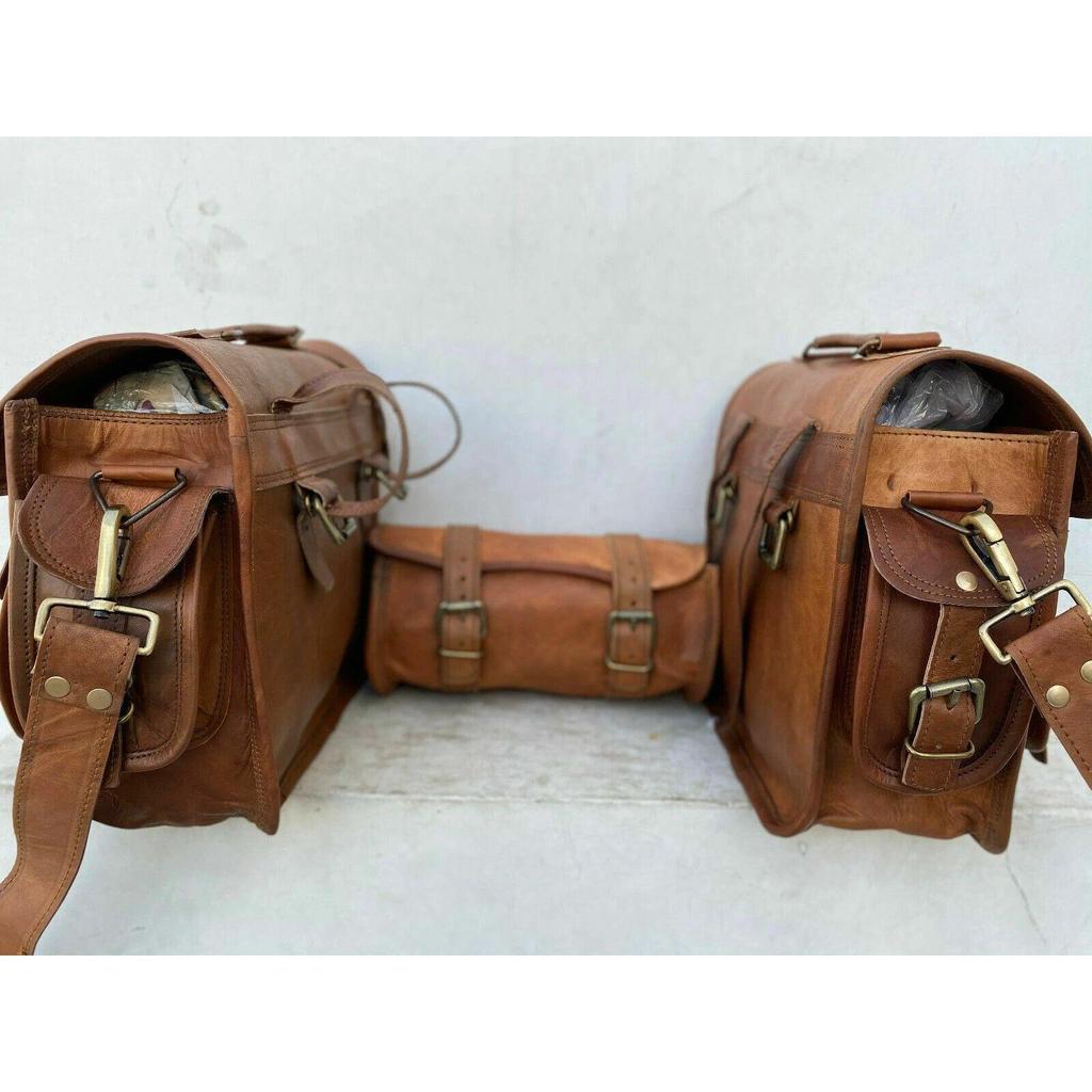 Leather Side Saddle 3 Pair 2 Bags (1 Bga Pouch) Panniers Bag Motorcycle Side Pouch