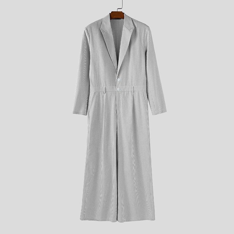 INCERUN Oversized Men Lapel Neck Long Sleeve Striped Loose Long Rompers Jumpsuits