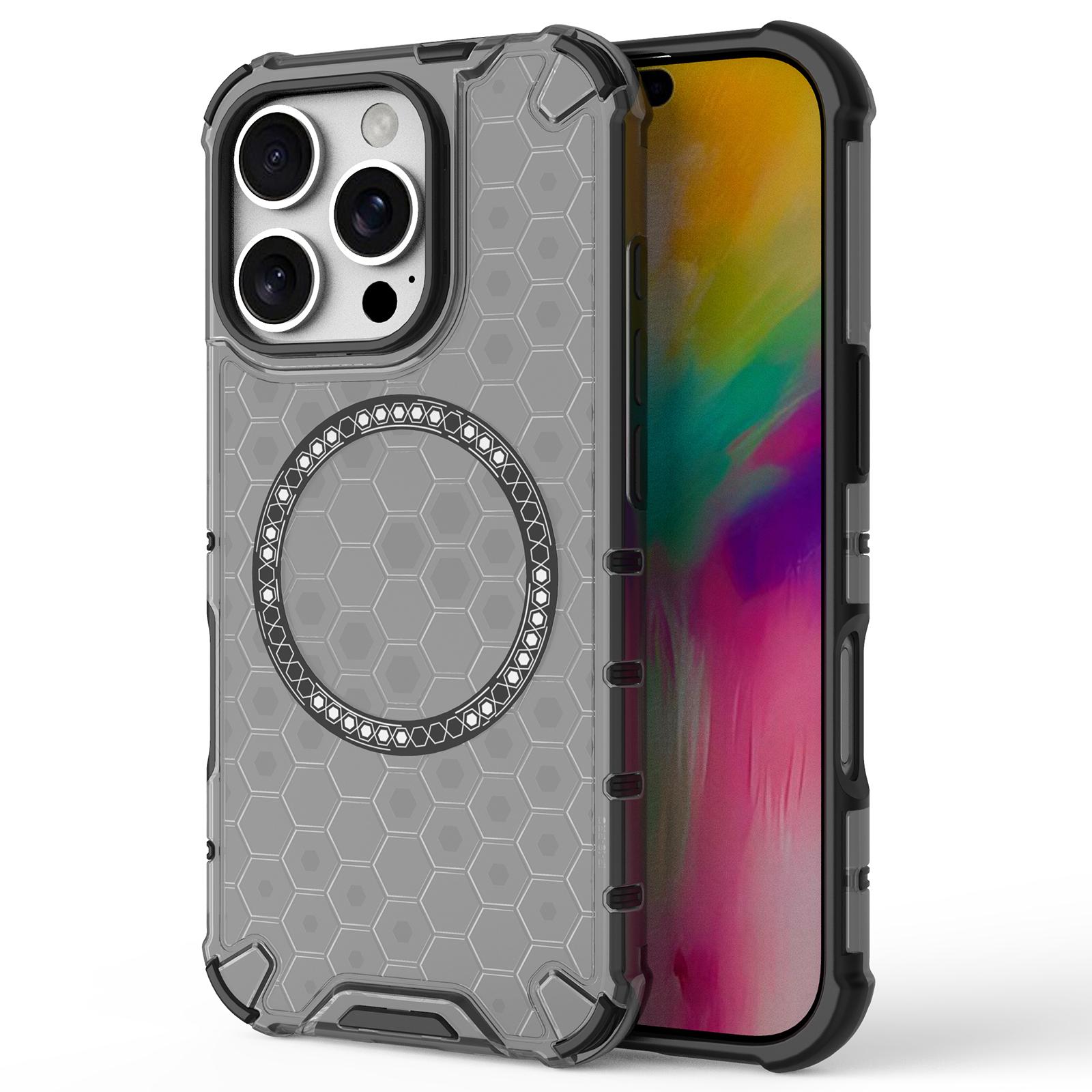 

For iPhone 16 Pro Max Magnetic Case TPU+PC Dual Layer Honeycomb Phone Cover Grey