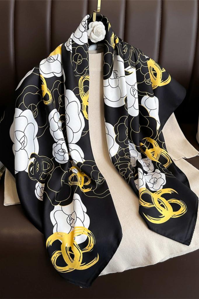 Scarf 90x90 Black with White and Yellow Flowers - Contrast and Modern Accent