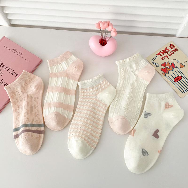 5/10 Pairs Women's Spring Summer Orange Pink Color Scheme Women's Socks Breathable Sweat Wicking Academic Style Women's Boat Socks Short Socks
