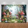 Dreamy fairy tale forest wonderland theme birthday party decorations mushroom house family background banner stud2135