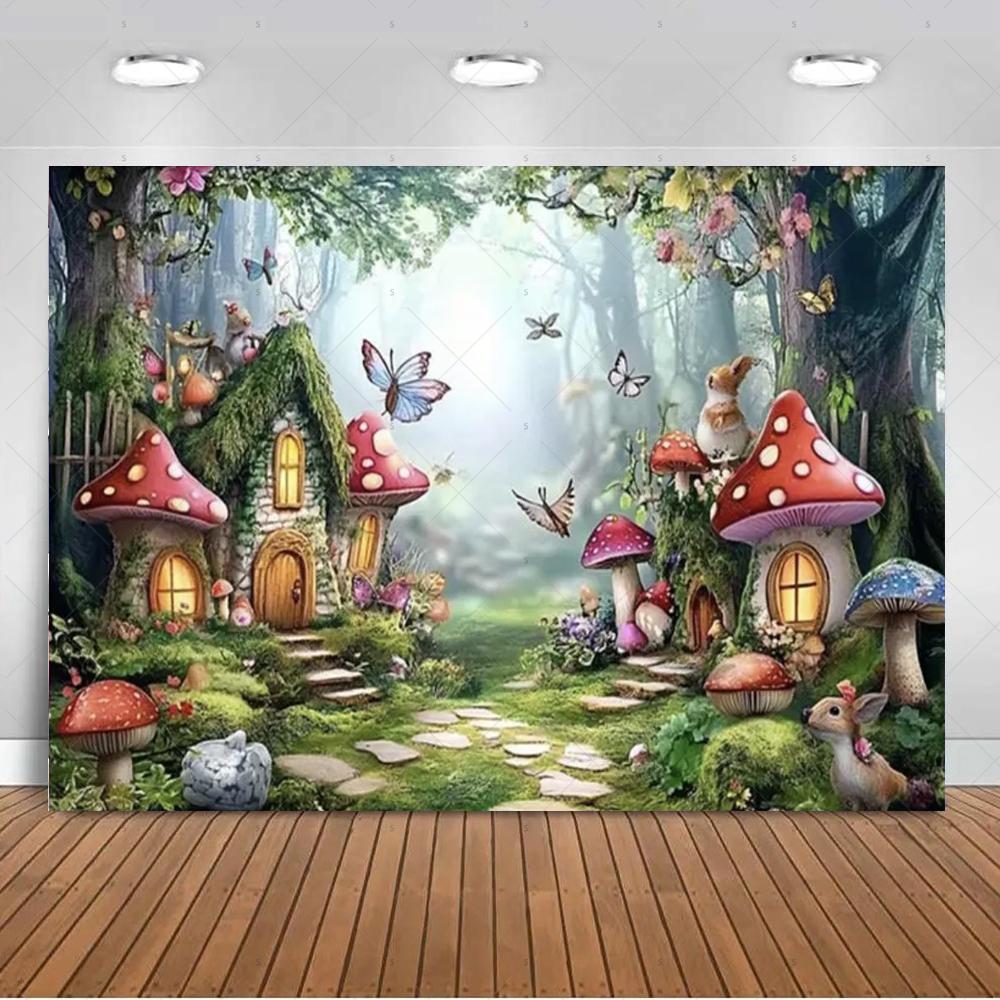Dreamy fairy tale forest wonderland theme birthday party decorations mushroom house family background banner stud2135