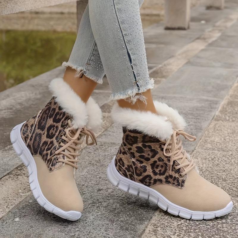 Women's Winter Ankle Boots, Mid Heel Platform Lace-Up Short Booties with Faux Fur Trim, Solid Color Plain Toe, Man-Made Upper