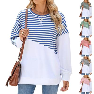 Women's Fashionable Round Neck Color Blocked Striped Long Sleeved Pullover Sweater Sweatshirt Top