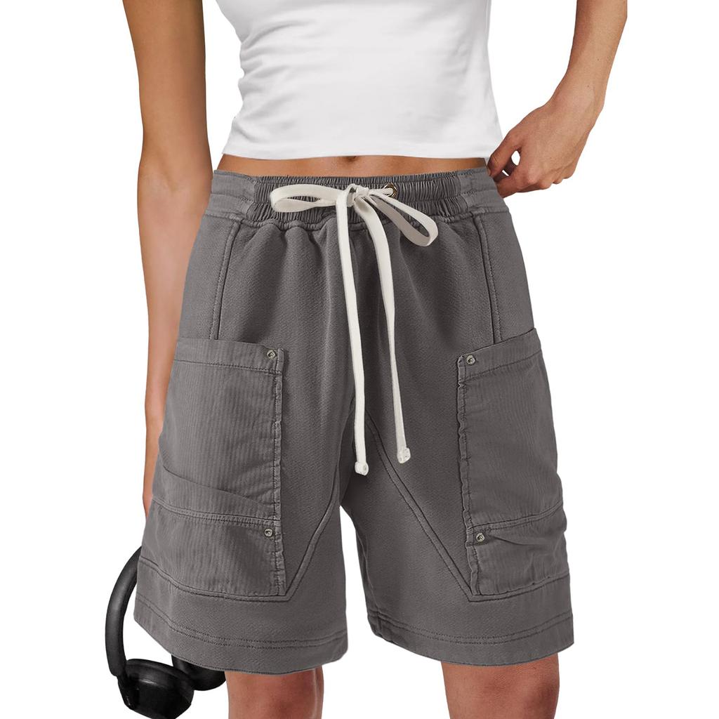 Women's Lightweight Elastic Waistband Cargo Shorts Knee Length Multi Pocket Utility Shorts with Drawstring Adjustable Fit