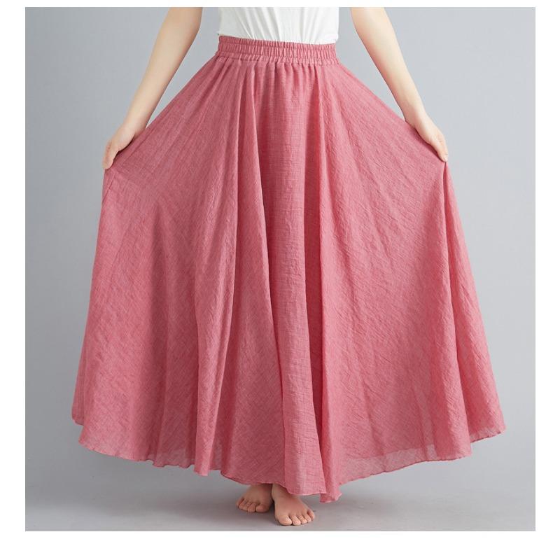 Long A-line Skirt In Cotton and Linen with Elastic Waist In Pure Color for Summer and Autumn