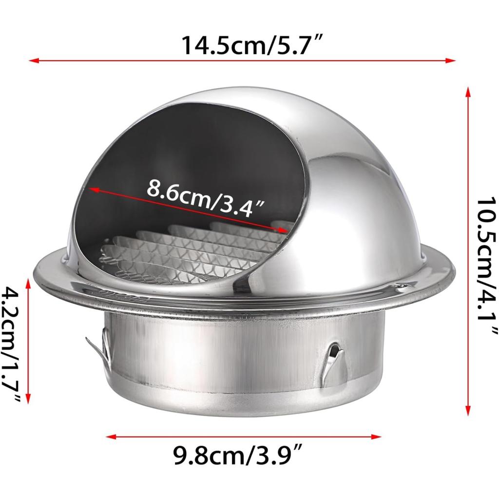 2 Stück 304 Edelstahl Lüftungsgitter Wandlüftungsabdeckung, Rund 98mm Lüftungsgitter Haube Abluftventilator Lüftungsabdeckung mit integriertem