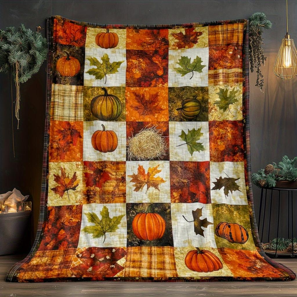 Autumn pumpkin leaf plaid pattern warm flannel blanket seasonal home decoration fall harvest theme cozy bedroom throw blanket