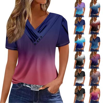 Women's T Shirt Tee Casual V-neck Short-sleeved T-shirt Printed Button Top