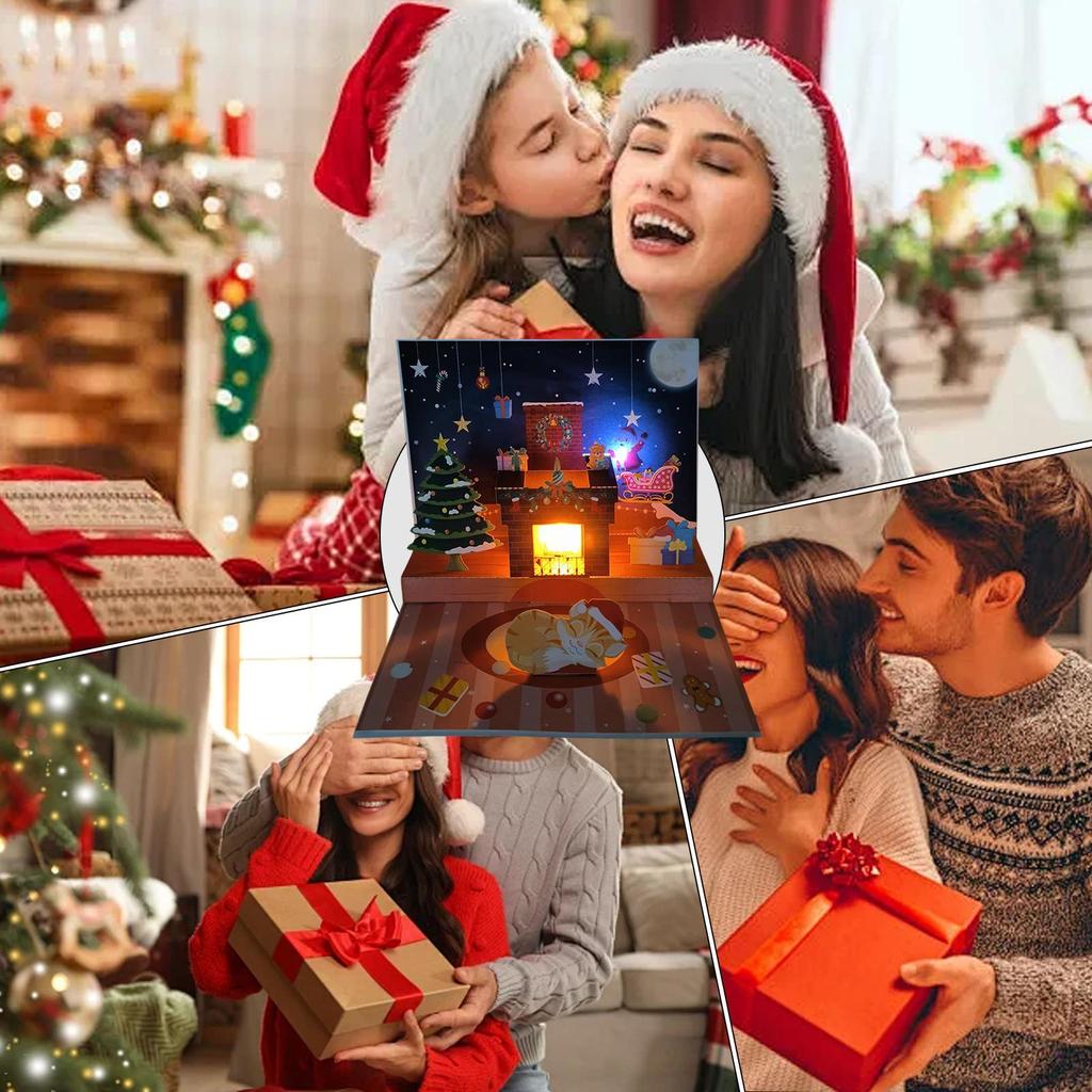 Christmas PopUp Cards Musical Greeting Cards with Light Santa Projection 3D Blessing Cards Christmas Gift for Family Friends