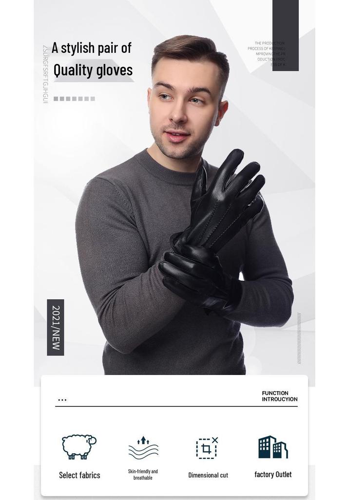 European & American Men's Sheepskin Leather Gloves with Wool Lining - Winter Warm, Plus Velvet, Windproof.
