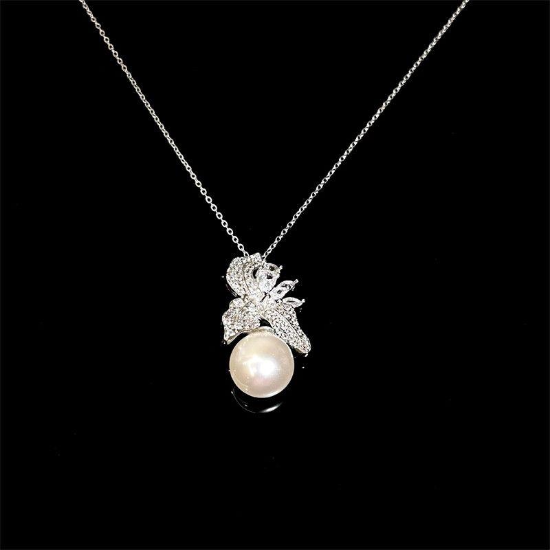 Fashion Vintage Zircon Flower Ear Stud Necklace Big Pearl