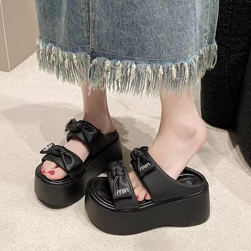 

мода Фея Стиль бант толстая подошва увеличивающая рост платформа сандалии женская летняя новая верхняя одежда открытый носок пляжные шлепанцы летние слайды 39 чёрный