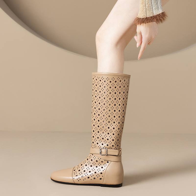 Krazing Pot Rindsspaltleder Runde Zehe Größe 43 Sommerstiefel Mode Ritterstiefel Hohle Verzierungen Herbststiefel Oberschenkelhohe Stiefel