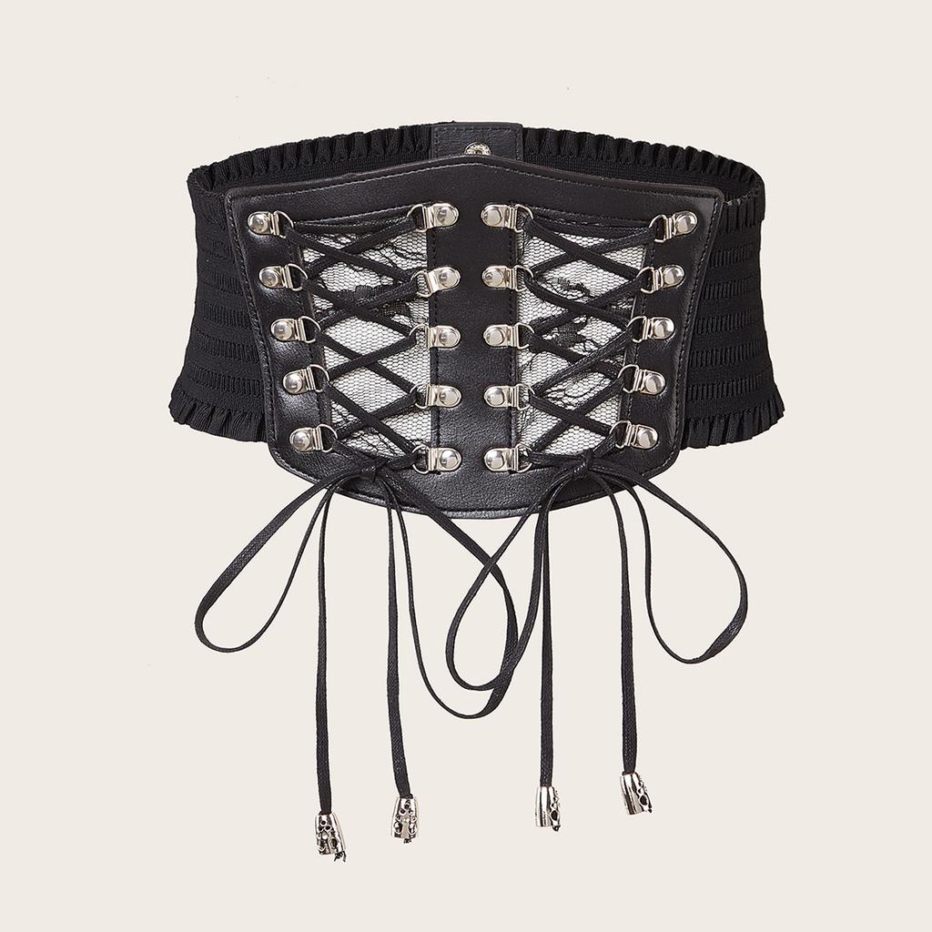 Lace Women'S Belt Wide Elastic Elastic Waist Decoration With Dress Shirt With Ruffle Edge Waist Seal Black