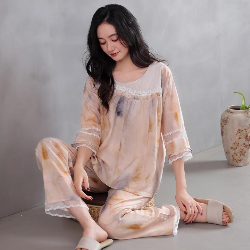 Lyocell Tencel Pajamas Women's Summer Seven-quarter Sleeves 1011 New Spring and Autumn Floral Casual Loungewear Large Size Set