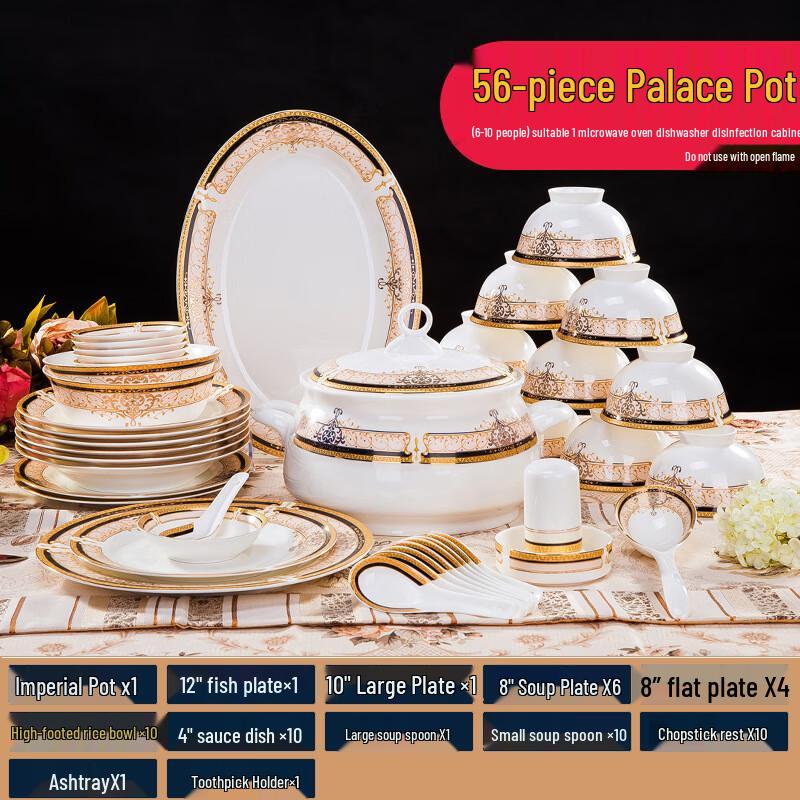 Ru Han Vienna Juego de Vajilla de Cerámica de 60 Piezas con Borde Dorado