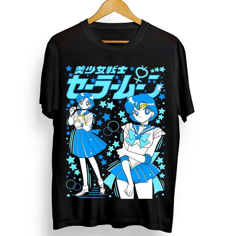 Anime Sailor Moon Design Pattern Printed Summer Unisex Sweatshirt Minimalist Casual Sports Short Sleeve Round Sleeve Pullover Tops