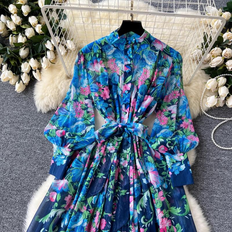 Ästhetisches elegantes Print-Revers-Langarm-Kleid-Frauen-Mode-Vintage-schlanke offene Gabel-Rüschen-Kleider weibliches Design schicke natürliche Chiffon-Kleidung