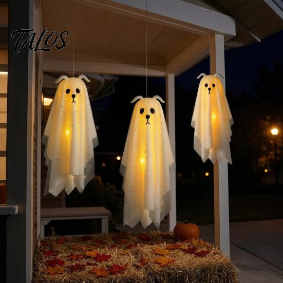 Playful Ghost for Indoor Parties 3 Pcs Lighted Dog Hanging Ornaments, Spooky Halloween Outdoor Flying Yard Ornaments Gauze with LED Light Tree