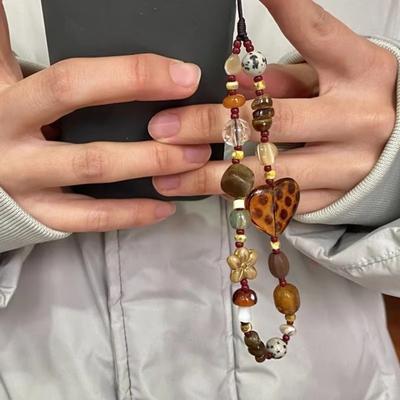 Cute Retro Phone Chain Rope Resin Leopard Heart Beaded Hanging Cord Bracelet Keychain For Girl Woman