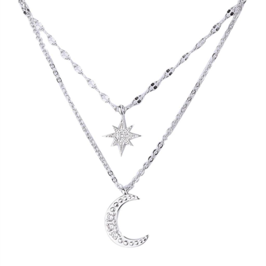 2024 Women's Sterling Silver Star & Moon Double Layer Necklace: Light Luxury, Personalized Summer Clavicle Chain
