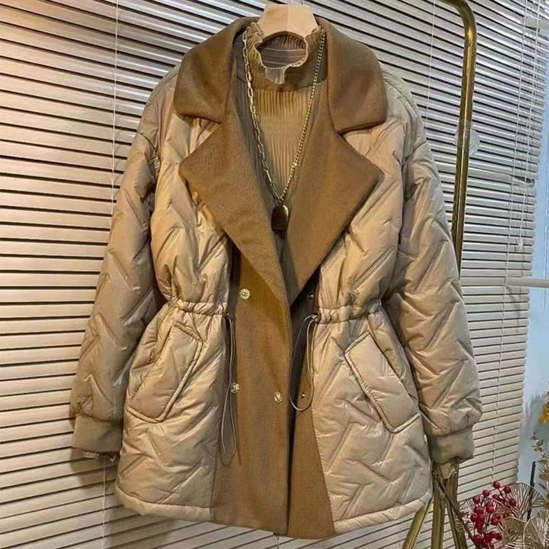 Women Winter Long Parkas Design Lapel Elastic Waist Snow Outwear Ladies Warm Waterproof Patchwork Jacket