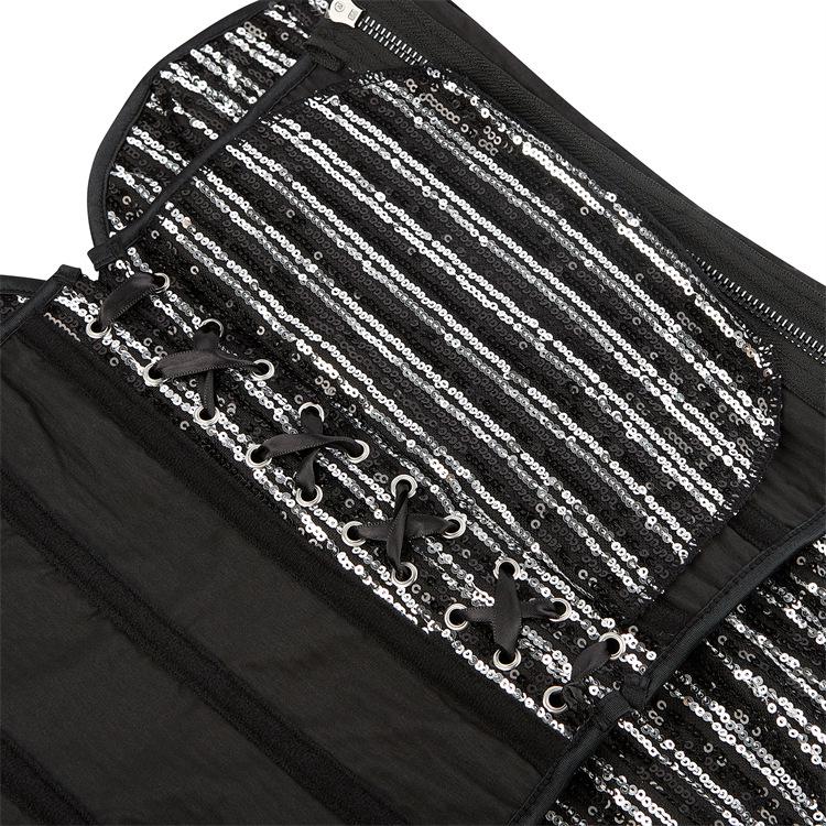 New Style Silver Black Sequin Strapless Bodycon Top with Bra Support Corset Bodysuit for Women