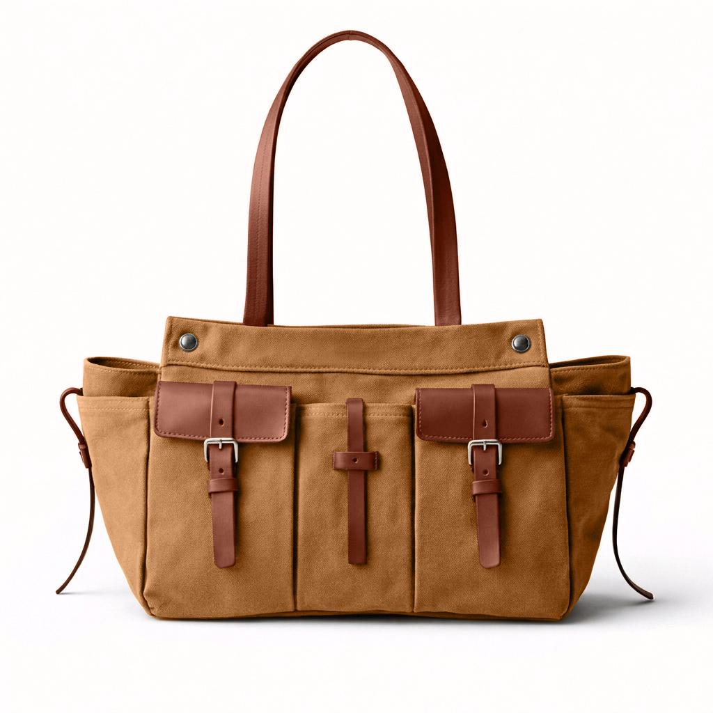Luxe Canvas Leer Multi-Pocket Tote Bag, Dames Ritssluiting Vintage Schoudertas, Motorrijder Stijl Handtas, Lichtgewicht 35X17X24CM bruin