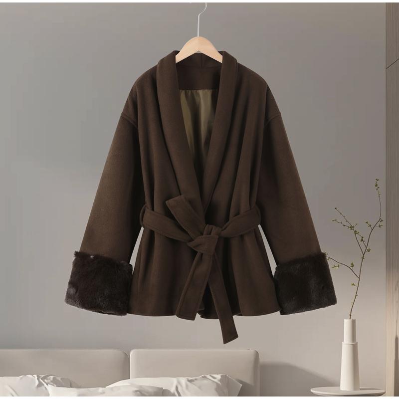 

Короткое пальто на шнуровке Женское пальто Офисная леди Элегантное Шерстяное Пушистое Лоскутное Длинный рукав Пальто 2025 Новые Свободные Кардиганы Куртки XL коричневый